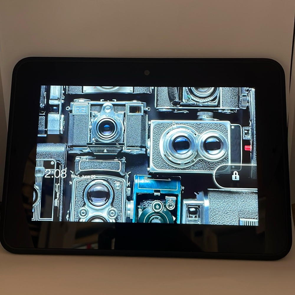 Amazon Kindle. 7.5 inches by 5.5 inches. Model No. X43Z60